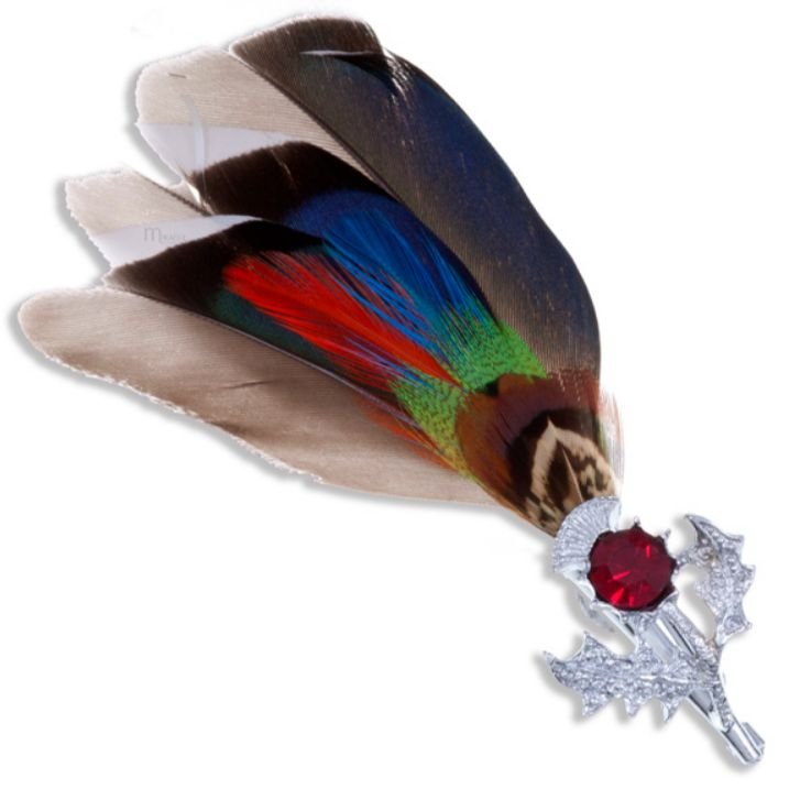 Image 1 of Mallard Feather Plume Thistle Flower Red Glass Stone Chrome Plated Brooch