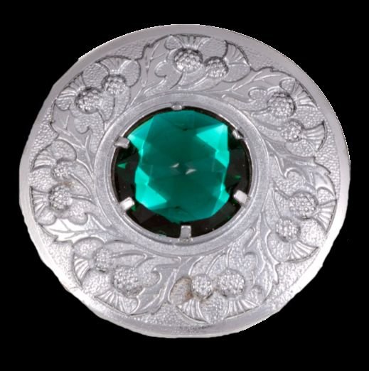 Image 0 of Thistle Flower Shoulder Large Green Glass Stone Chrome Plated Brooch