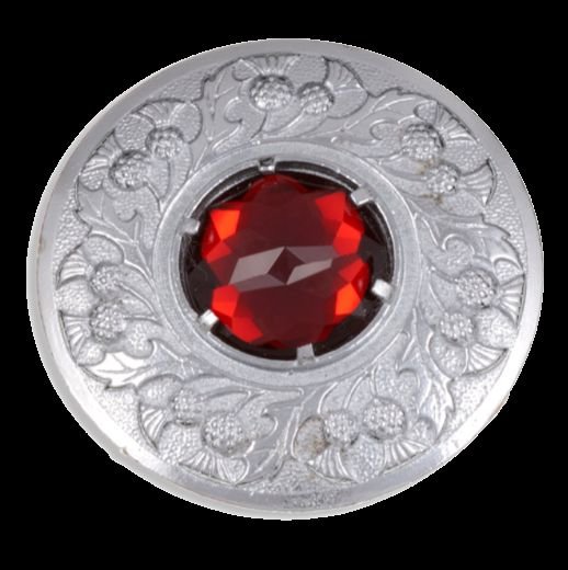 Image 0 of Thistle Flower Shoulder Large Red Glass Stone Chrome Plated Brooch