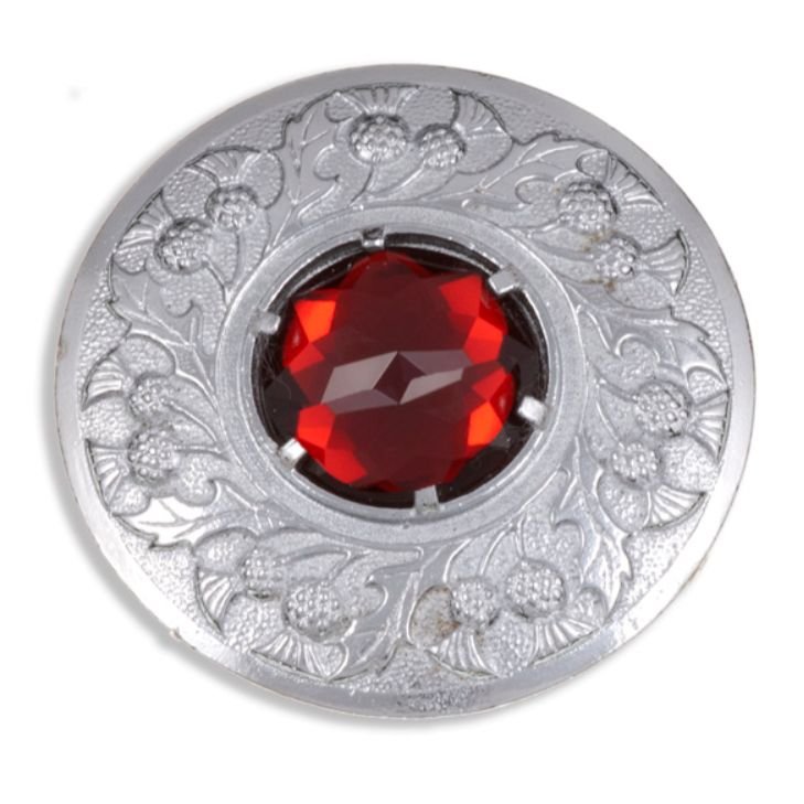 Image 1 of Thistle Flower Shoulder Large Red Glass Stone Chrome Plated Brooch