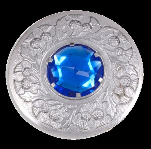 Image 0 of Thistle Flower Shoulder Large Blue Glass Stone Chrome Plated Brooch