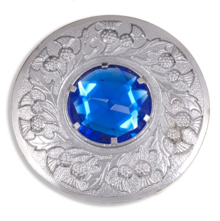 Image 1 of Thistle Flower Shoulder Large Blue Glass Stone Chrome Plated Brooch