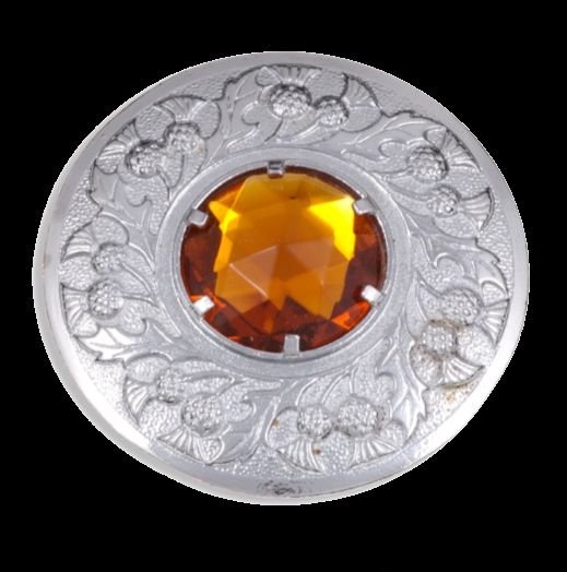 Image 0 of Thistle Flower Shoulder Large Orange Glass Stone Chrome Plated Brooch