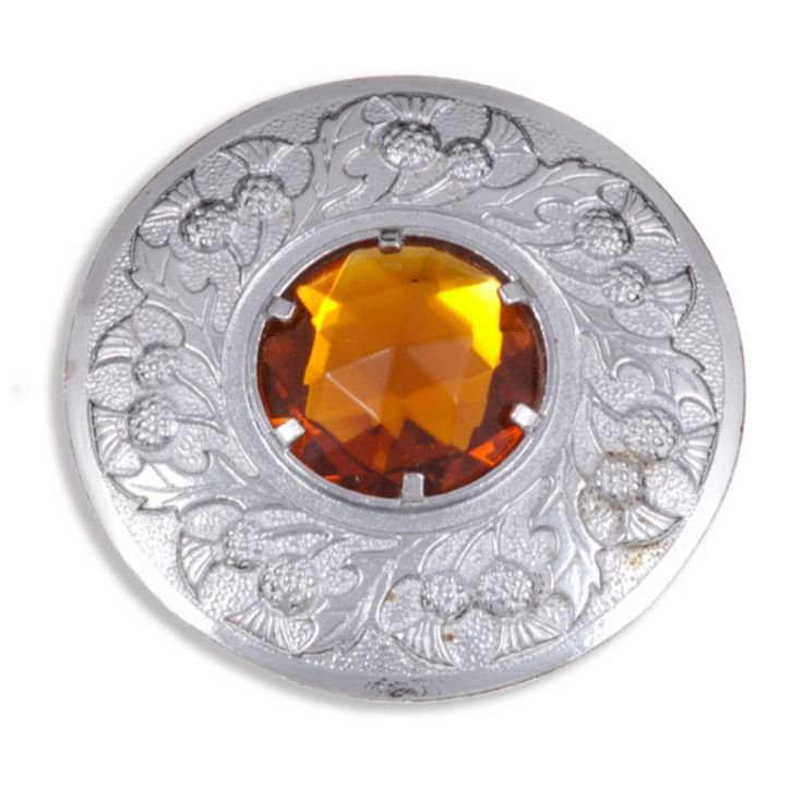 Image 1 of Thistle Flower Shoulder Large Orange Glass Stone Chrome Plated Brooch