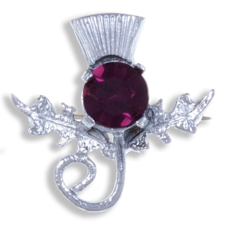 Image 1 of Thistle Single Flower Head Purple Glass Stone Chrome Plated Brooch