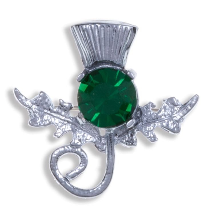 Image 1 of Thistle Single Flower Head Green Glass Stone Chrome Plated Brooch