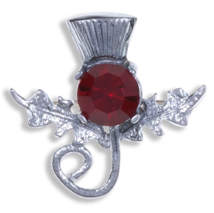 Image 1 of Thistle Single Flower Head Red Glass Stone Chrome Plated Brooch
