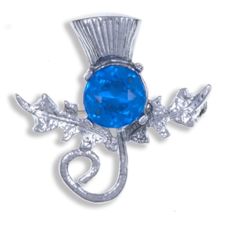Image 1 of Thistle Single Flower Head Blue Glass Stone Chrome Plated Brooch