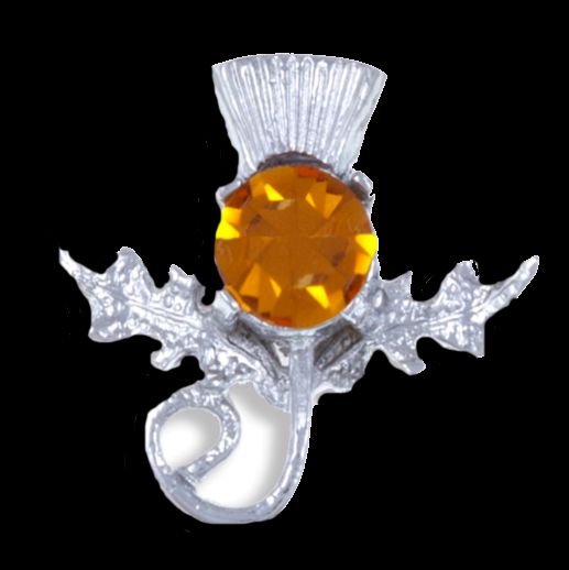Image 0 of Thistle Single Flower Head Orange Glass Stone Chrome Plated Brooch