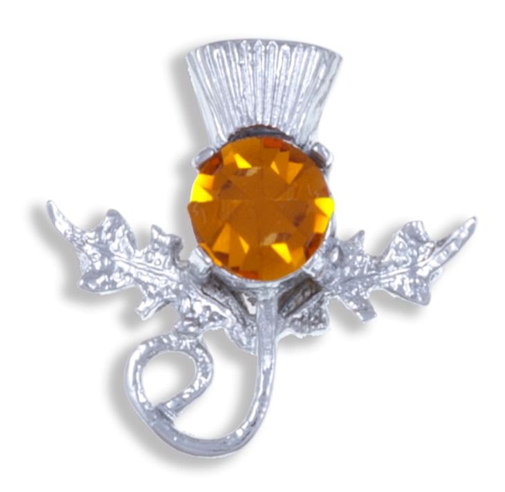 Image 1 of Thistle Single Flower Head Orange Glass Stone Chrome Plated Brooch