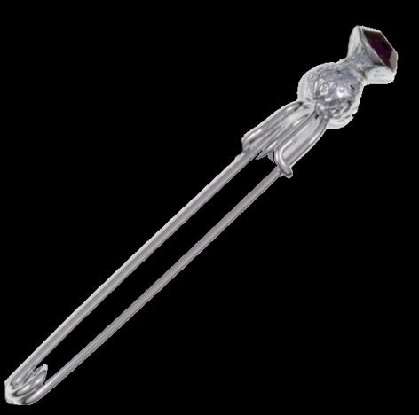 Image 0 of Thistle Flower Bud Purple Glass Stone Chrome Plated Kilt Pin