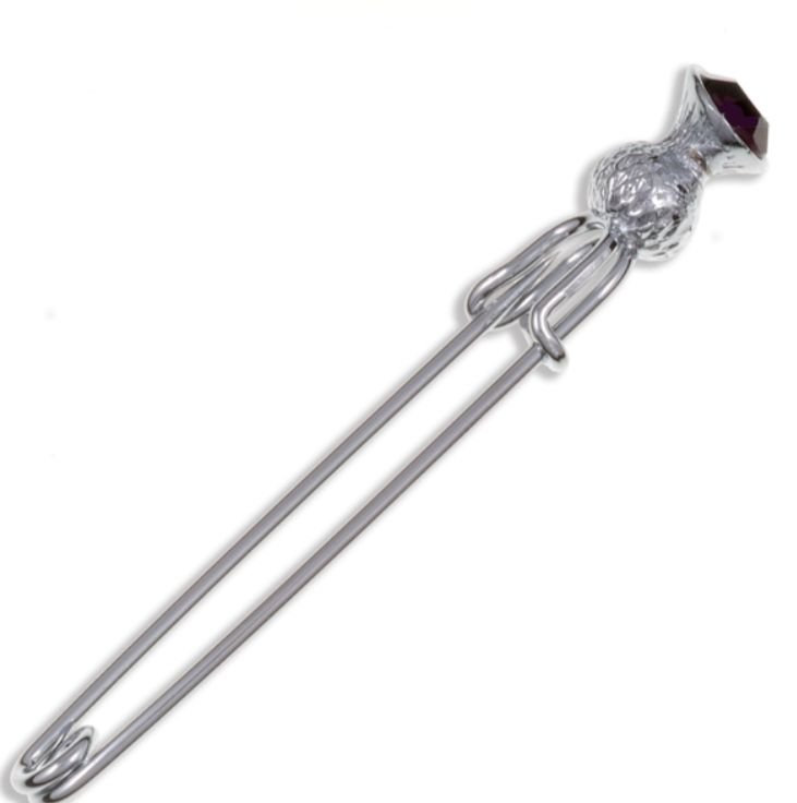 Image 1 of Thistle Flower Bud Purple Glass Stone Chrome Plated Kilt Pin