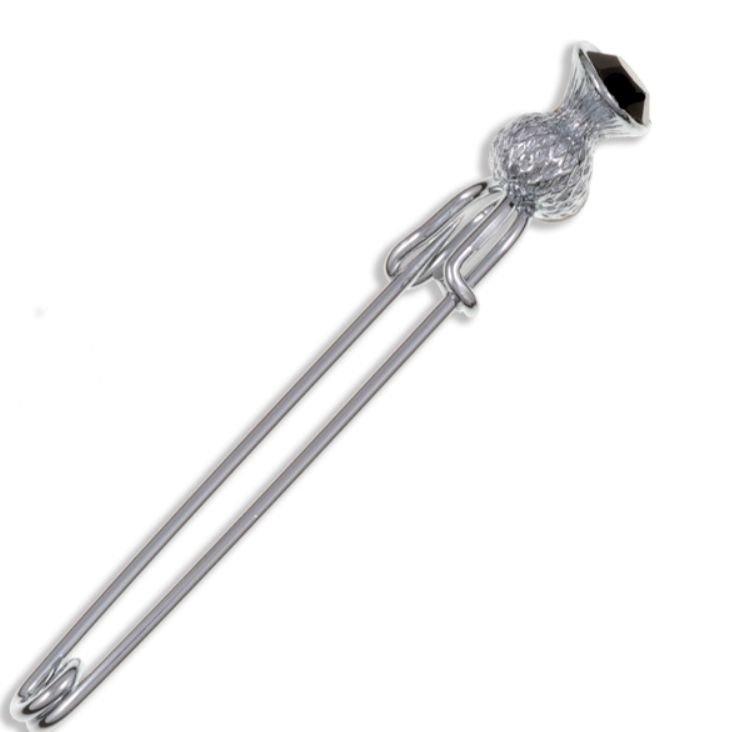 Image 1 of Thistle Flower Bud Black Glass Stone Chrome Plated Kilt Pin