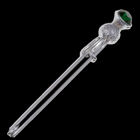 Image 0 of Thistle Flower Bud Green Glass Stone Chrome Plated Kilt Pin