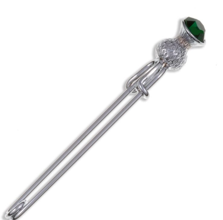 Image 1 of Thistle Flower Bud Green Glass Stone Chrome Plated Kilt Pin