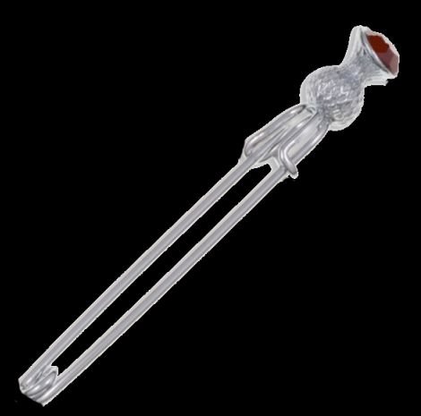 Image 0 of Thistle Flower Bud Red Glass Stone Chrome Plated Kilt Pin