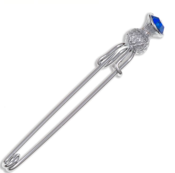 Image 1 of Thistle Flower Bud Blue Glass Stone Chrome Plated Kilt Pin