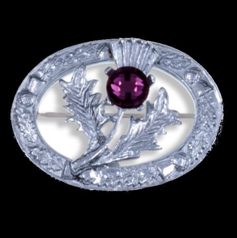 Image 0 of Thistle Flower Oval Purple Glass Stone Chrome Plated Brooch