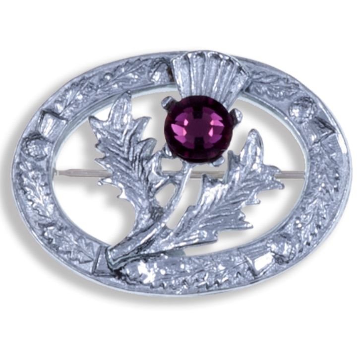 Image 1 of Thistle Flower Oval Purple Glass Stone Chrome Plated Brooch