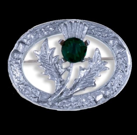 Image 0 of Thistle Flower Oval Green Glass Stone Chrome Plated Brooch
