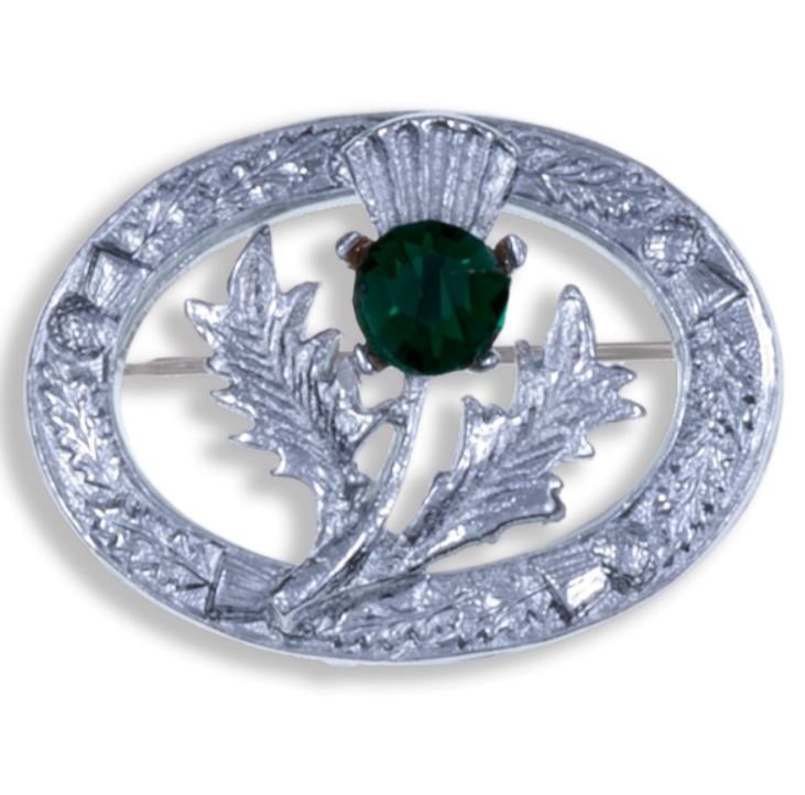 Image 1 of Thistle Flower Oval Green Glass Stone Chrome Plated Brooch