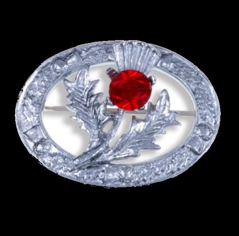Image 0 of Thistle Flower Oval Red Glass Stone Chrome Plated Brooch