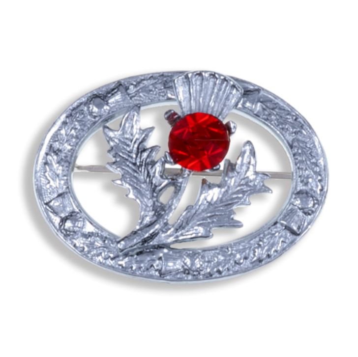 Image 1 of Thistle Flower Oval Red Glass Stone Chrome Plated Brooch