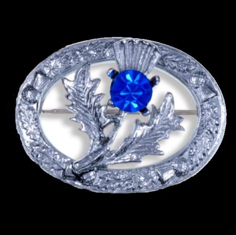Image 0 of Thistle Flower Oval Blue Glass Stone Chrome Plated Brooch