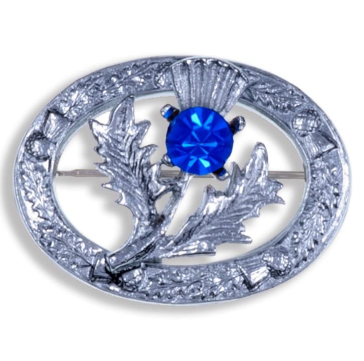 Image 1 of Thistle Flower Oval Blue Glass Stone Chrome Plated Brooch