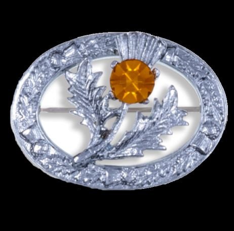 Image 0 of Thistle Flower Oval Orange Glass Stone Chrome Plated Brooch