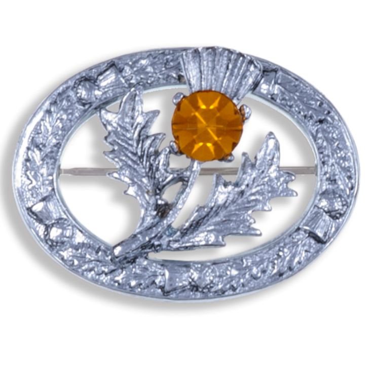 Image 1 of Thistle Flower Oval Orange Glass Stone Chrome Plated Brooch