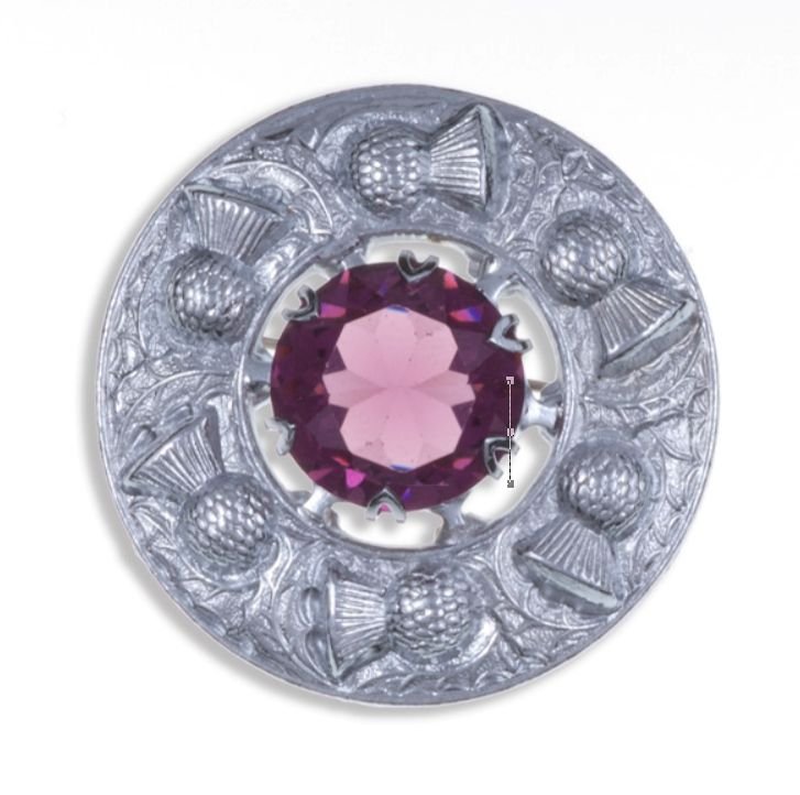 Image 1 of Thistle Flower Shoulder Round Purple Glass Stone Chrome Plated Brooch