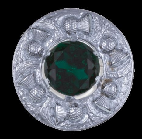Image 0 of Thistle Flower Shoulder Round Green Glass Stone Chrome Plated Brooch