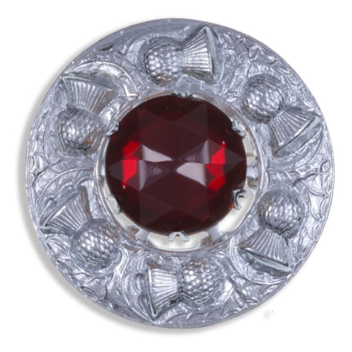 Image 1 of Thistle Flower Shoulder Round Red Glass Stone Chrome Plated Brooch