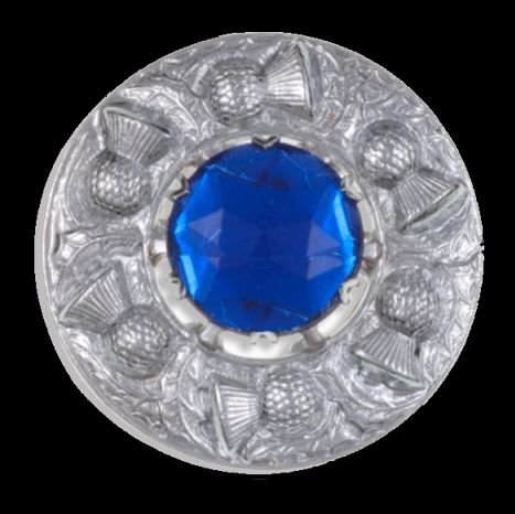 Image 0 of Thistle Flower Shoulder Round Blue Glass Stone Chrome Plated Brooch
