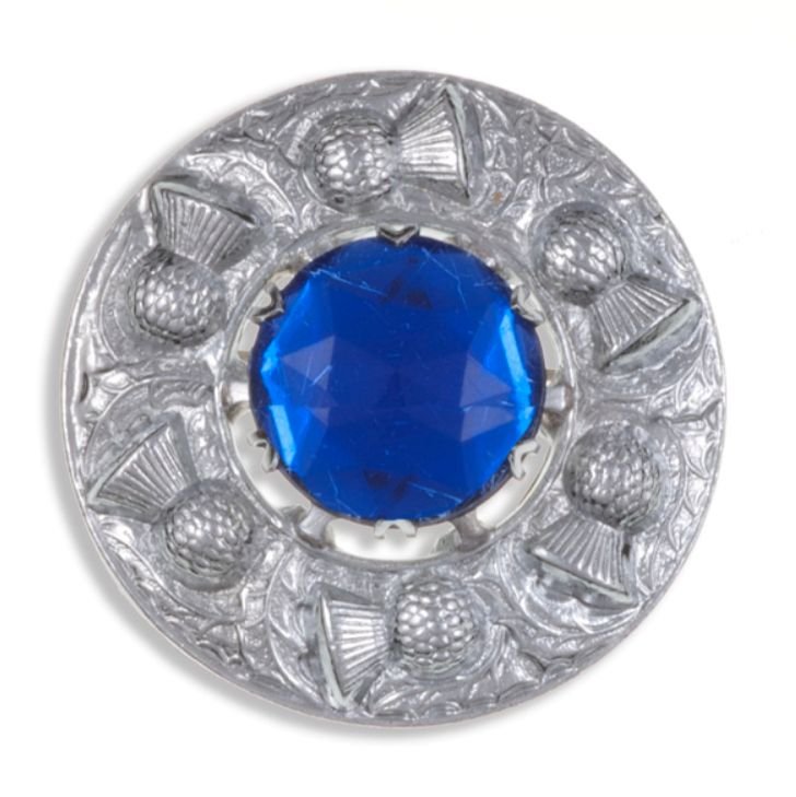 Image 1 of Thistle Flower Shoulder Round Blue Glass Stone Chrome Plated Brooch
