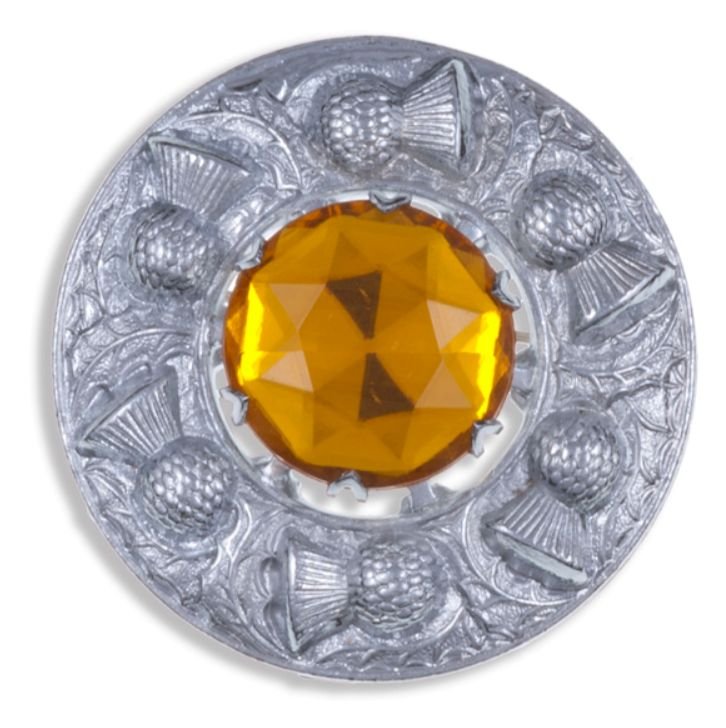 Image 1 of Thistle Flower Shoulder Round Orange Glass Stone Chrome Plated Brooch