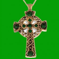Celtic Cross Antiqued Knotwork Green Glass Stones Gold Plated Pendant