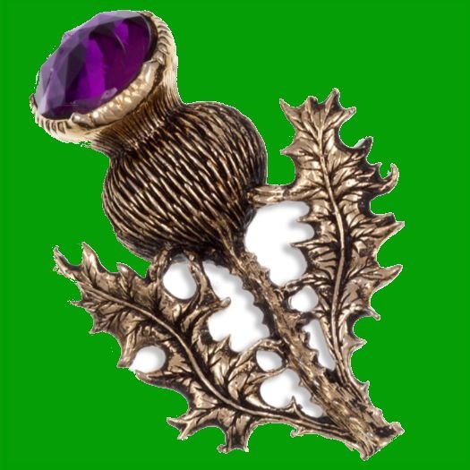 Image 0 of Thistle Flower Antiqued Purple Glass Stone Gold Plated Brooch