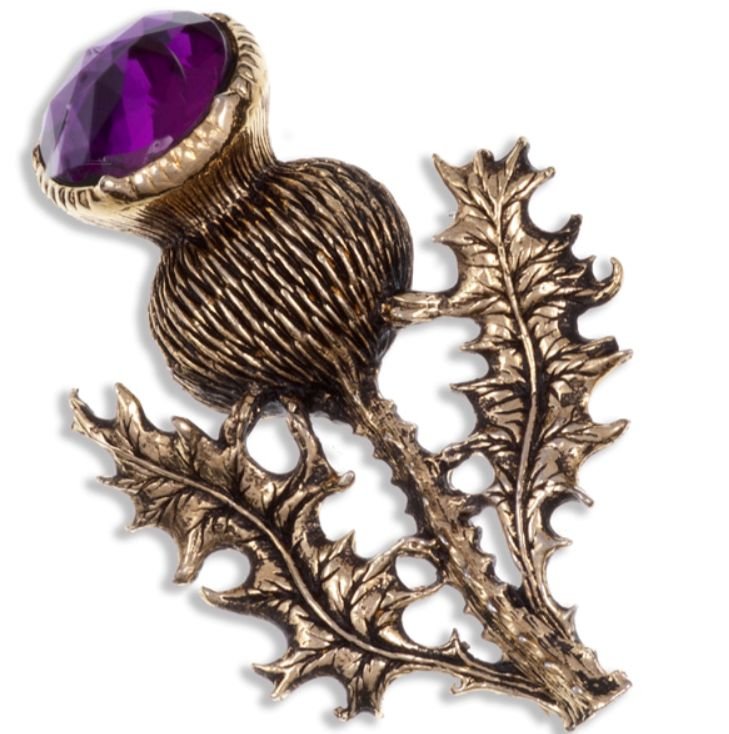 Image 1 of Thistle Flower Antiqued Purple Glass Stone Gold Plated Brooch