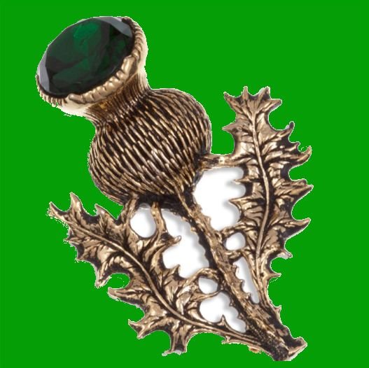 Image 0 of Thistle Flower Antiqued Green Glass Stone Gold Plated Brooch