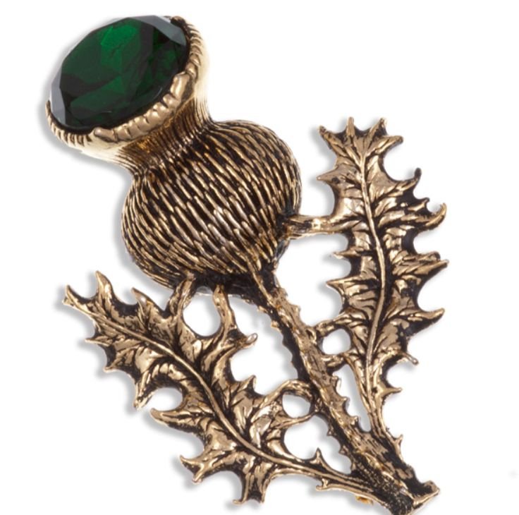 Image 1 of Thistle Flower Antiqued Green Glass Stone Gold Plated Brooch