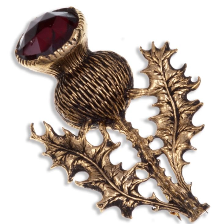Image 1 of Thistle Flower Antiqued Red Glass Stone Gold Plated Brooch