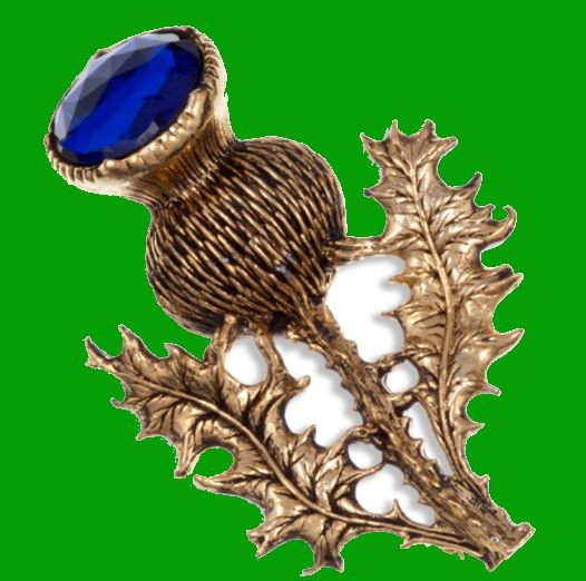 Image 0 of Thistle Flower Antiqued Blue Glass Stone Gold Plated Brooch