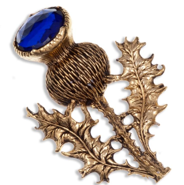 Image 1 of Thistle Flower Antiqued Blue Glass Stone Gold Plated Brooch
