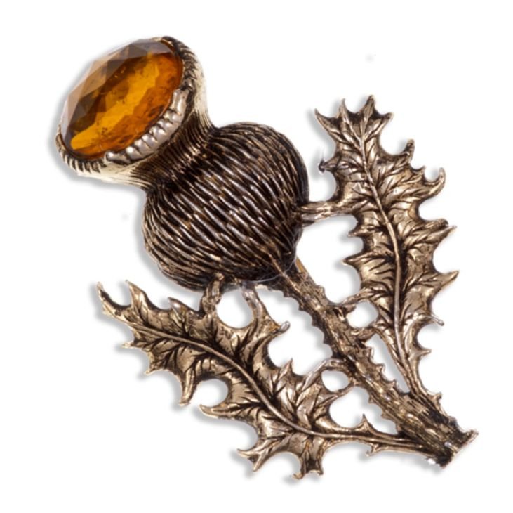 Image 1 of Thistle Flower Antiqued Orange Glass Stone Gold Plated Brooch