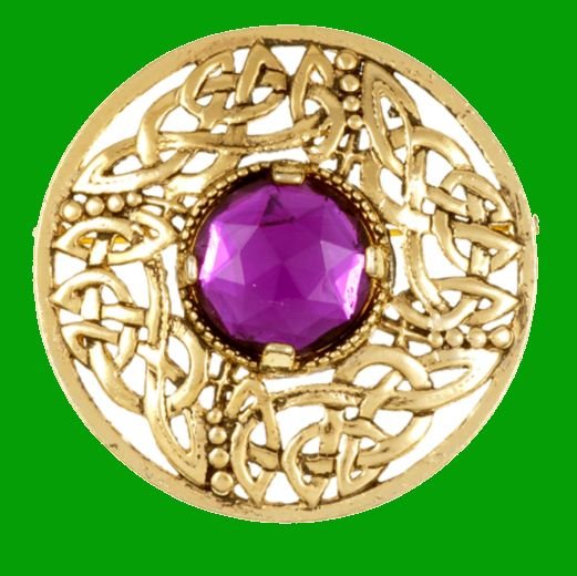 Image 0 of Celtic Open Knotwork Antiqued Purple Glass Stone Round Gold Plated Brooch