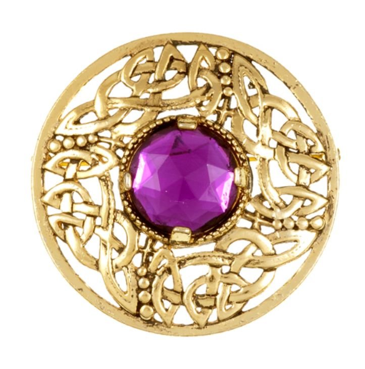 Image 1 of Celtic Open Knotwork Antiqued Purple Glass Stone Round Gold Plated Brooch