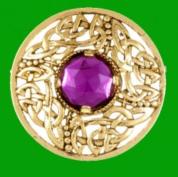 Celtic Open Knotwork Antiqued Purple Glass Stone Round Gold Plated Brooch