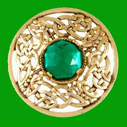 Image 0 of Celtic Open Knotwork Antiqued Green Glass Stone Round Gold Plated Brooch